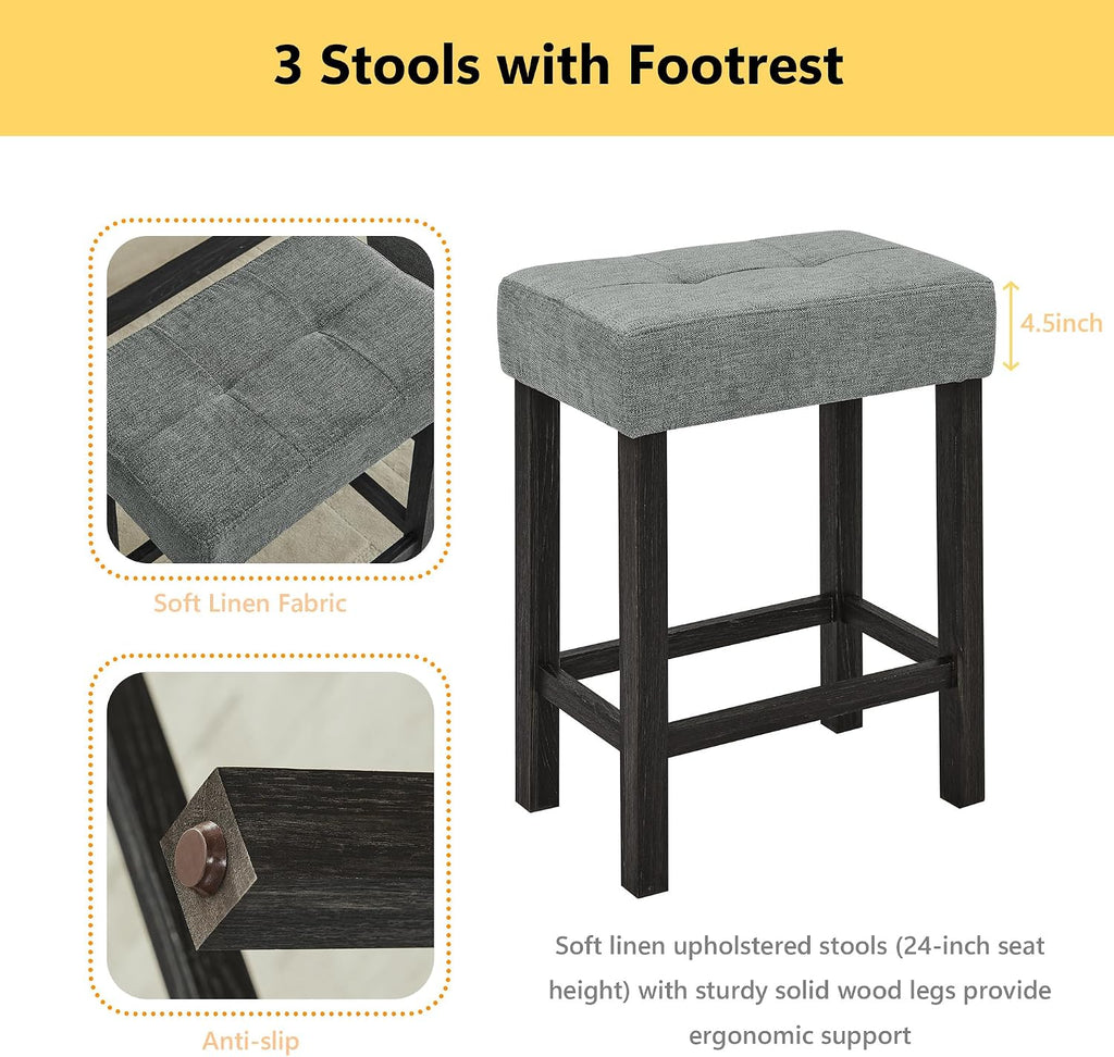 Merax 59' Bar Table Set with Power Outlet,Industrial Breakfast Table with 3 Upholstered Stools w/Footrest,4 Piece Counter Height Bar Table and Chair Set for Living Room,Dining Room,Kitchen,Black