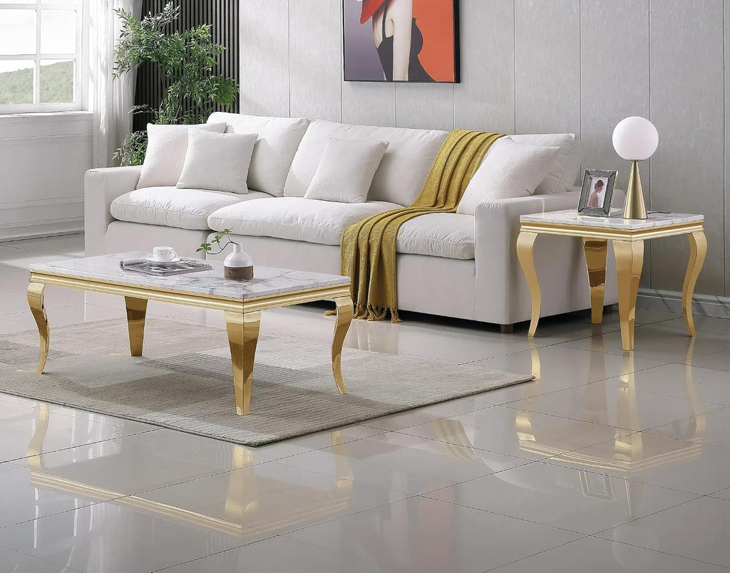 White Marble Coffee Table Set of 3, Modern Faux Marble Coffeee Table and 2 End Side Table, Luxury 3 Piece Living Room Table Set with Gold Stainless Steel S-Shape Legs for Apartment Home Office
