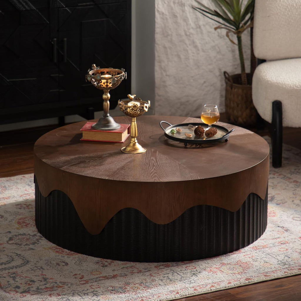 38.97'' Handcrafted Round Coffee Table for Living Room, Modern Mid-Century Circle Drum Wood Coffee Table, Easy Assembly, Black & Walnut