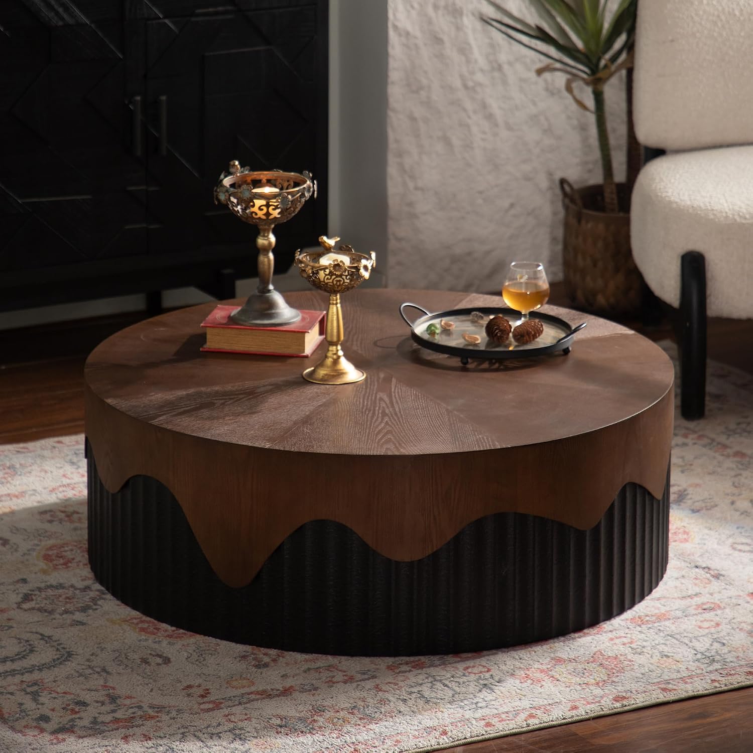 38.97'' Handcrafted Round Coffee Table for Living Room, Modern Mid-Century Circle Drum Wood Coffee Table, Easy Assembly, Black & Walnut
