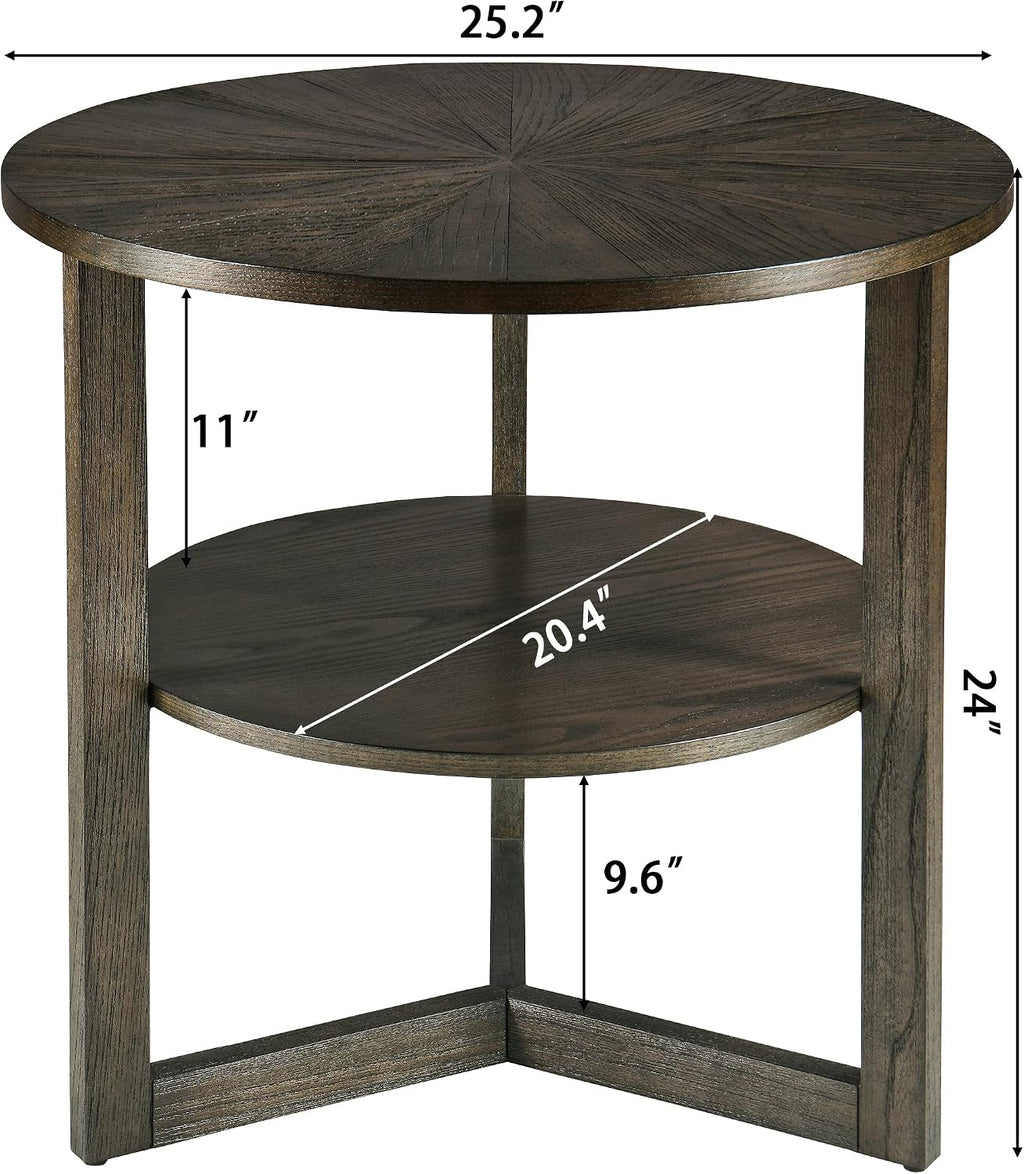 PADMA HOUSE 25' Round Wood End Table, 2-Tier Solid Wood Rounded Accent Side Table Circle Nightstand Table with Storage Shelf Vintage Furniture for Home Living Room Bedroom,Black Brown 3338BK