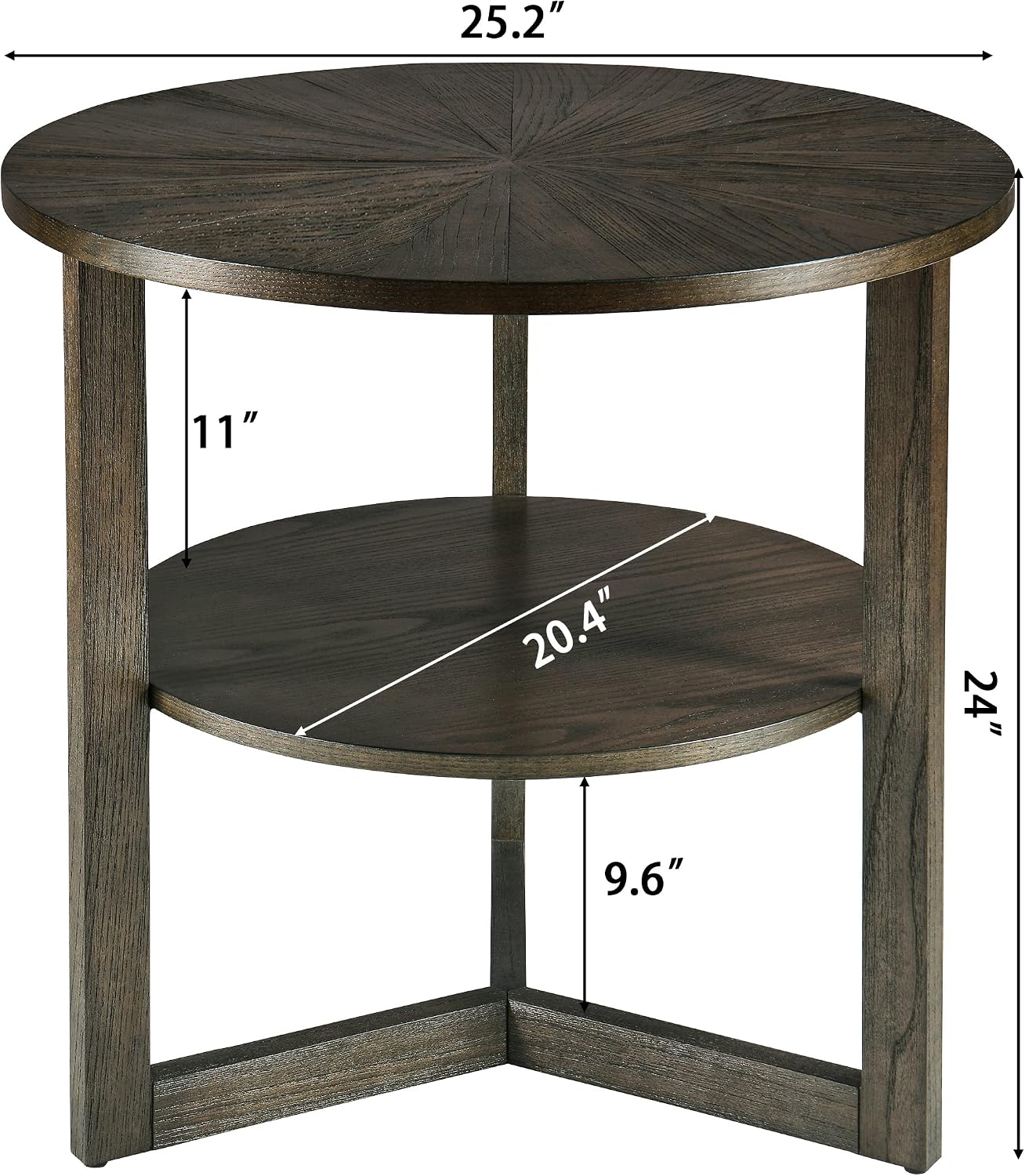 PADMA HOUSE 25' Round Wood End Table, 2-Tier Solid Wood Rounded Accent Side Table Circle Nightstand Table with Storage Shelf Vintage Furniture for Home Living Room Bedroom,Black Brown 3338BK