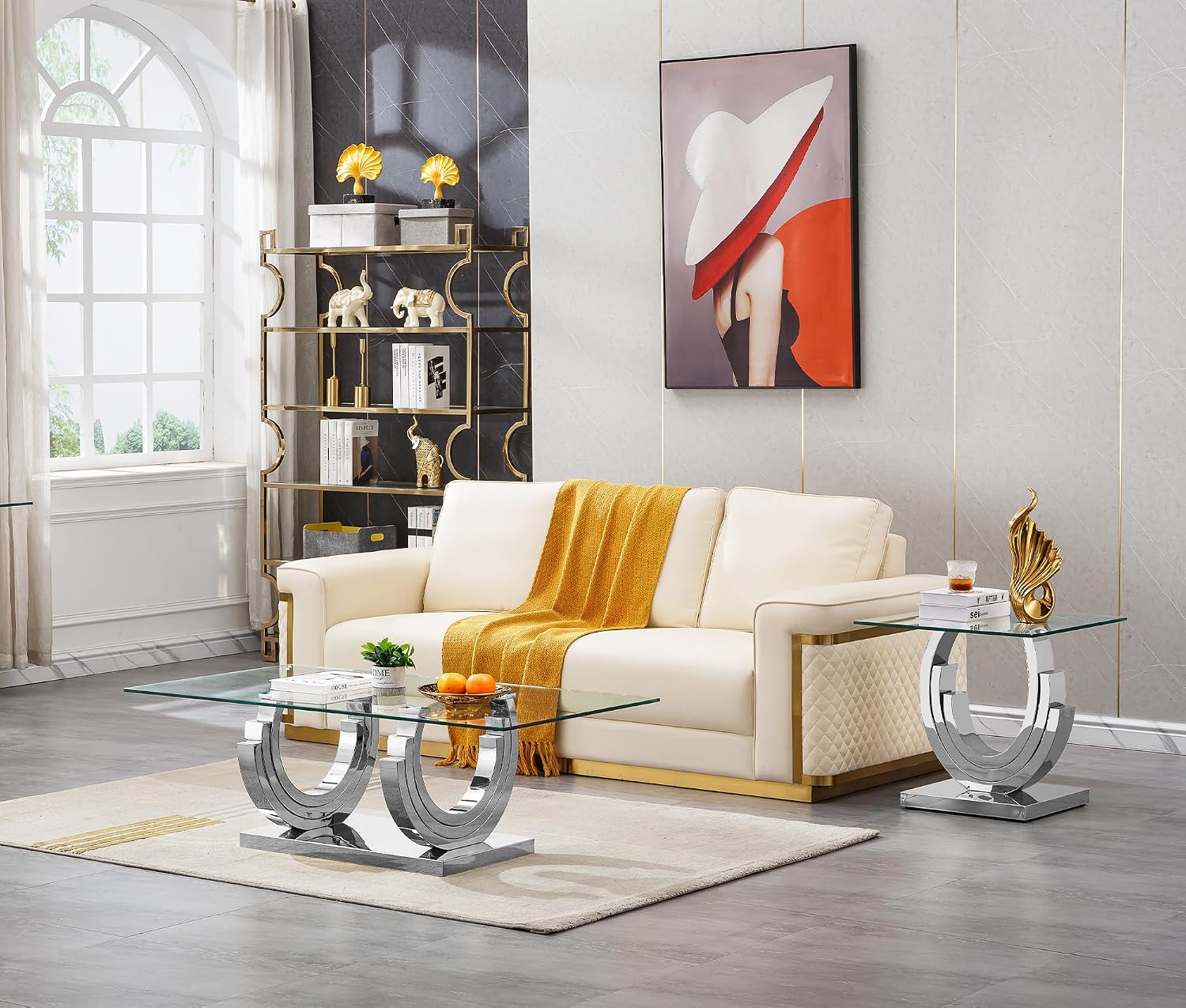 3 Pieces Living Room Table Set, Glass Coffee Table Set of 3, Modern Coffee Table and 2 End Tables with Three U-Shaped Stainless Steel Base for Living Room (Silver)