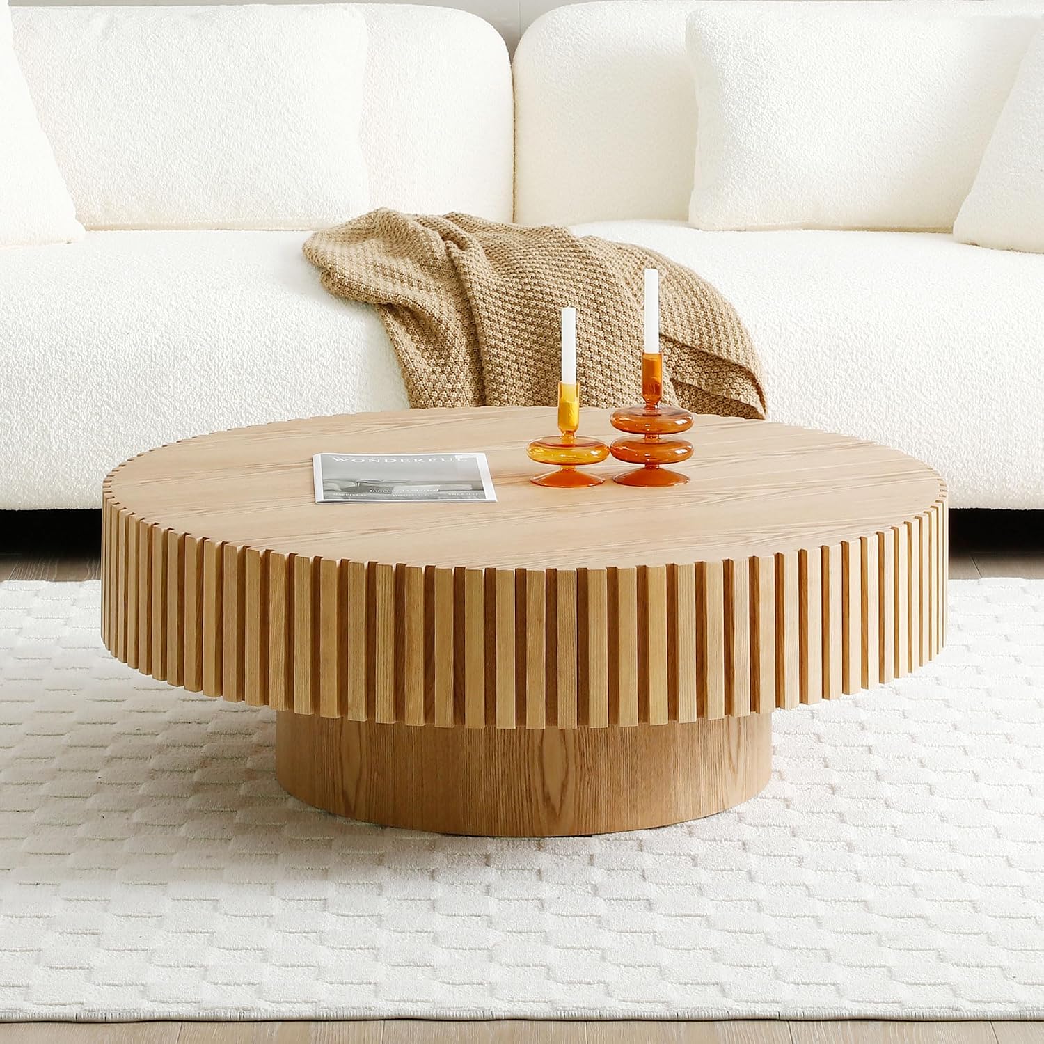 31.49' Round Coffee Table Wood, Modern Unique Oak Circle Coffee Table, Contemporary Drum Wooden Fluted Coffee Table Side Center Table for Living Room,Apartment,Office, Natural Ash