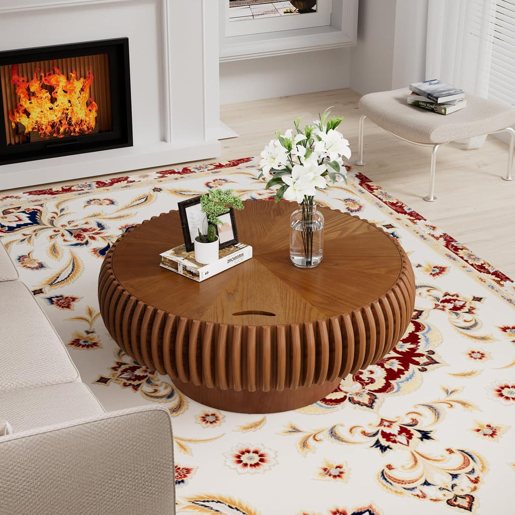 Round Fluted Coffee Table with Storage for Living Room, Modern Wooden Drum Coffee Table with Solid Wood Veneered, Circle Accent Tea Center Table for Small Space Apartmen (Brown, 31.5' with Storage)