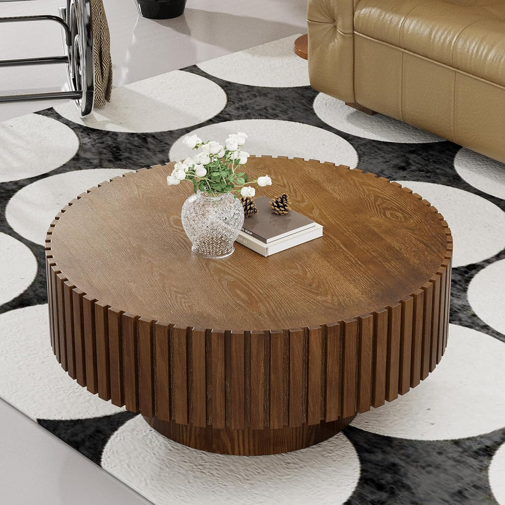 Round Fluted Coffee Table Mid Century Circle Center Tables for Living Room Chic Drum End Table for Small Space Easy Assembly (Round Walnut 31.5in)