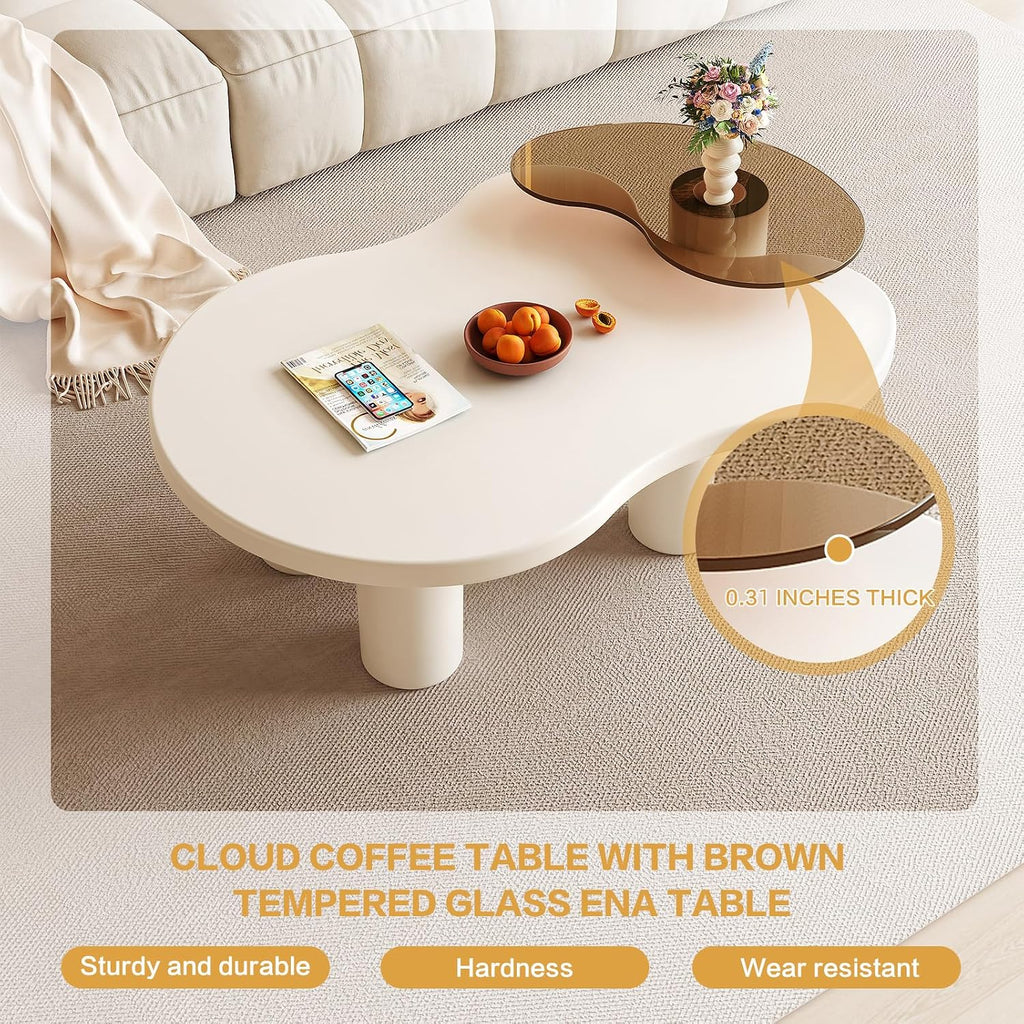 Nesting Coffee Table Set of 2, Modern Irregular Coffee Table & Tempered Glass End Table for Living Room, Unique Funky Center Table Set for Small Spaces, Easy Assembly, White