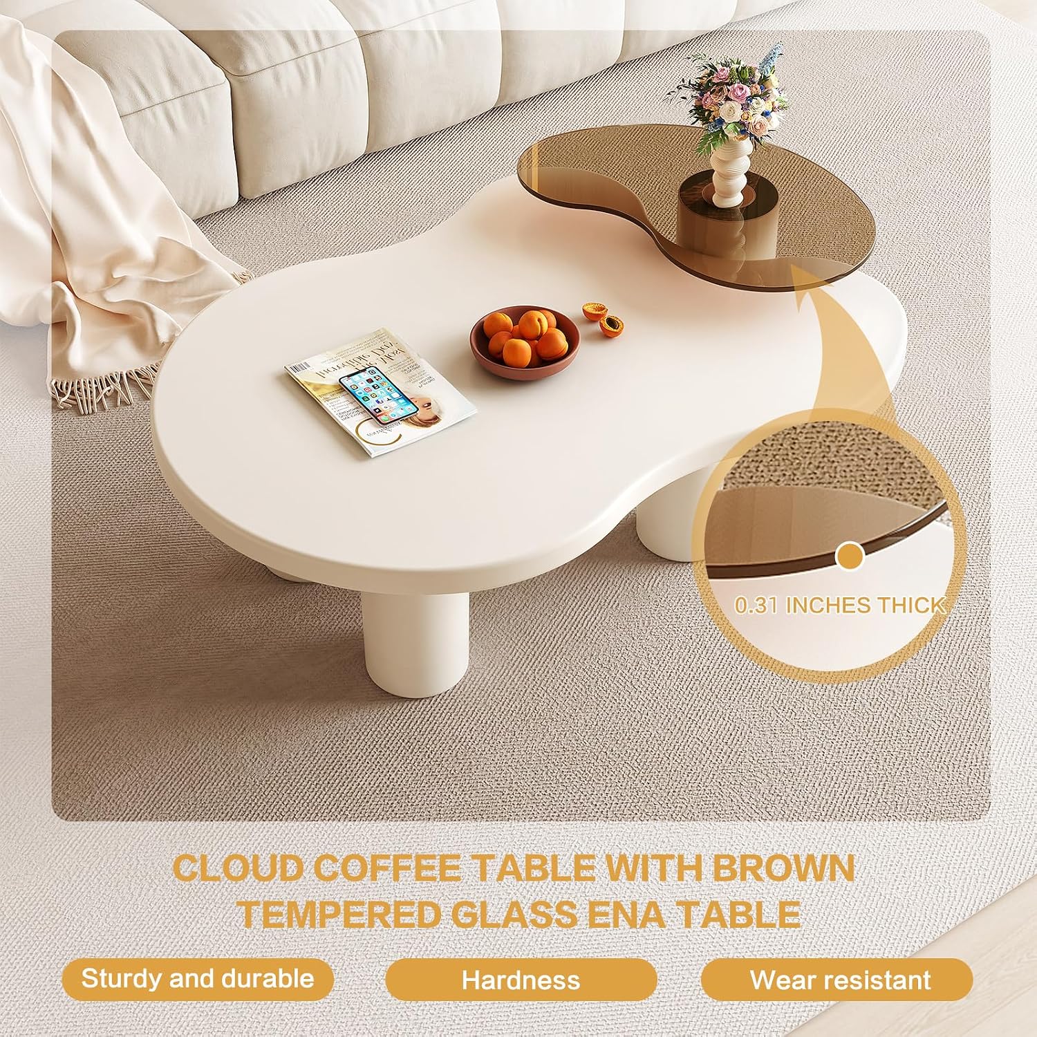 Nesting Coffee Table Set of 2, Modern Irregular Coffee Table & Tempered Glass End Table for Living Room, Unique Funky Center Table Set for Small Spaces, Easy Assembly, White