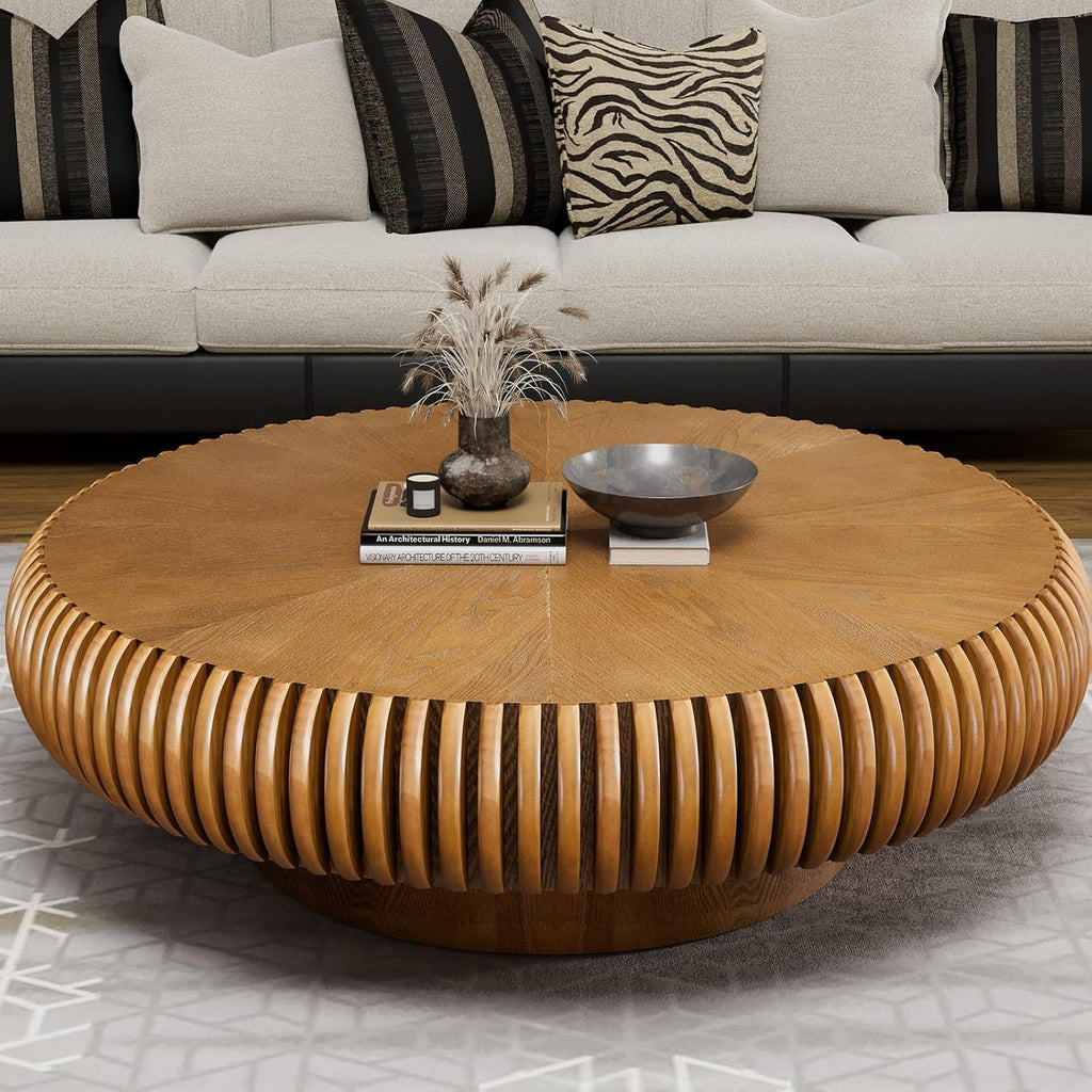 Round Drum Coffee Table Modern Coffee Tables Fluted Coffee Table Circle Center Table Pedestal End Table for for Living Room Bedroom(Brown 39.4in)