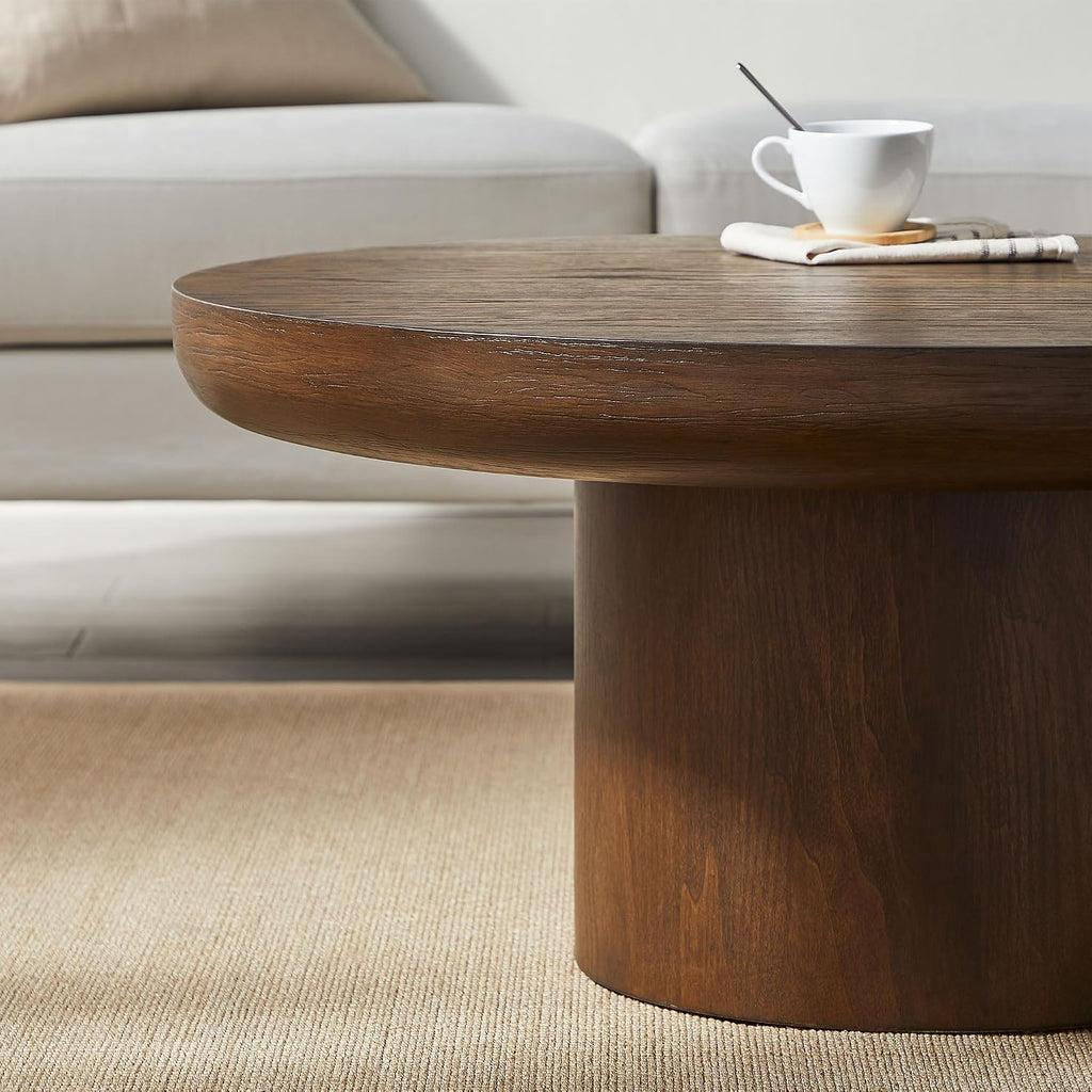35.98'' Round Wood Coffee Table for Living Room Mushroom Coffee Table Mid Century Modern Center Table with Pedestal Farmhouse Rustic Tea Table for Apartment Office，Brown