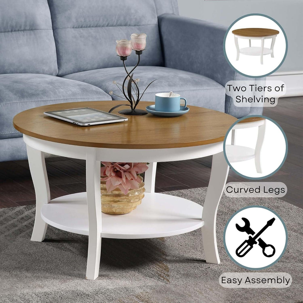 HomeStock Global Greatness Round Coffee Table with Shelf, Wood Finish, Classic Transitional Style Table, Two Tier Spacious Shelving, 30.00 x 30.00 x 18.00 Inch Driftwood and White