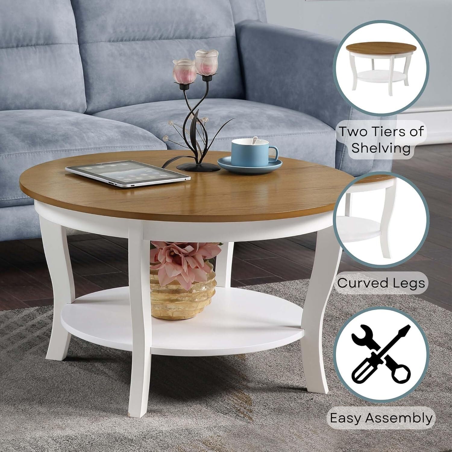 HomeStock Global Greatness Round Coffee Table with Shelf, Wood Finish, Classic Transitional Style Table, Two Tier Spacious Shelving, 30.00 x 30.00 x 18.00 Inch Driftwood and White