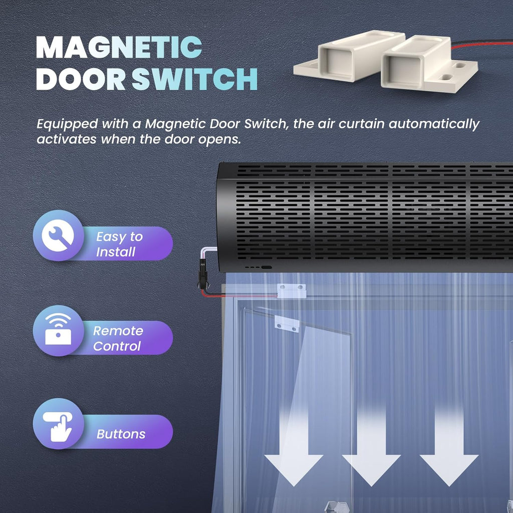 36' Black Air Curtain with Magnetic Door Switch 1527 CFM/2559 FPM Two-Speed Adjustable 180W Powerful Commercial Indoor Air Door Easy Installation Industrial Fan (Not an air conditioner)