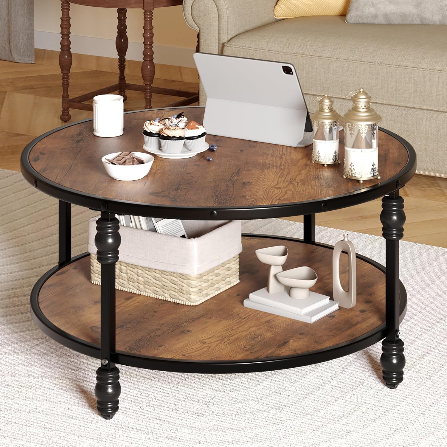 GarveeHome Round Coffee Table 2-Tier Wood Coffee Table with Storage Shelf Brown Circle Center Table Living Room