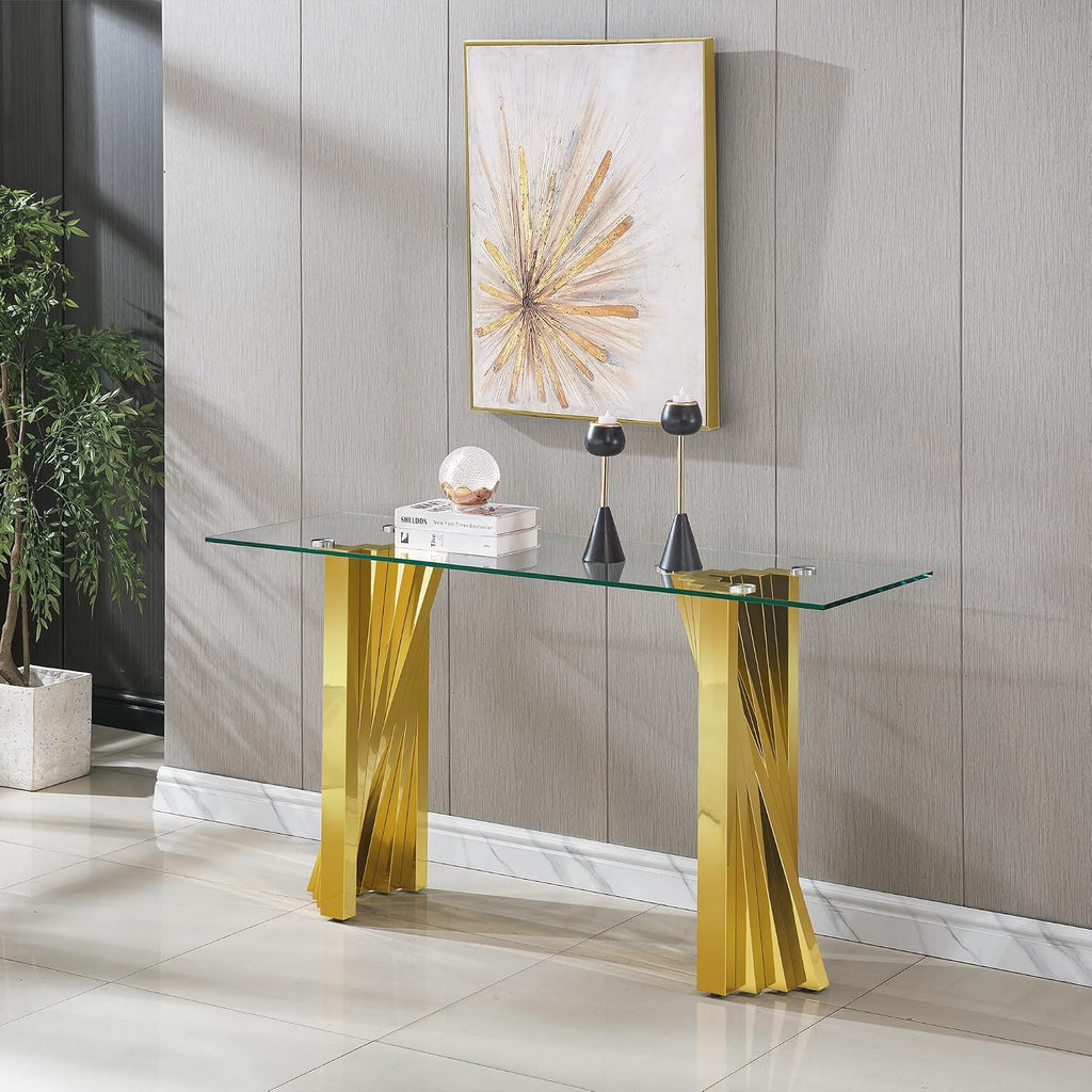 2 Pieces Modern Living Room Table Set, Glass Coffee Table & Console Table with Flash-Shaped Stainless Steel Base (Gold)