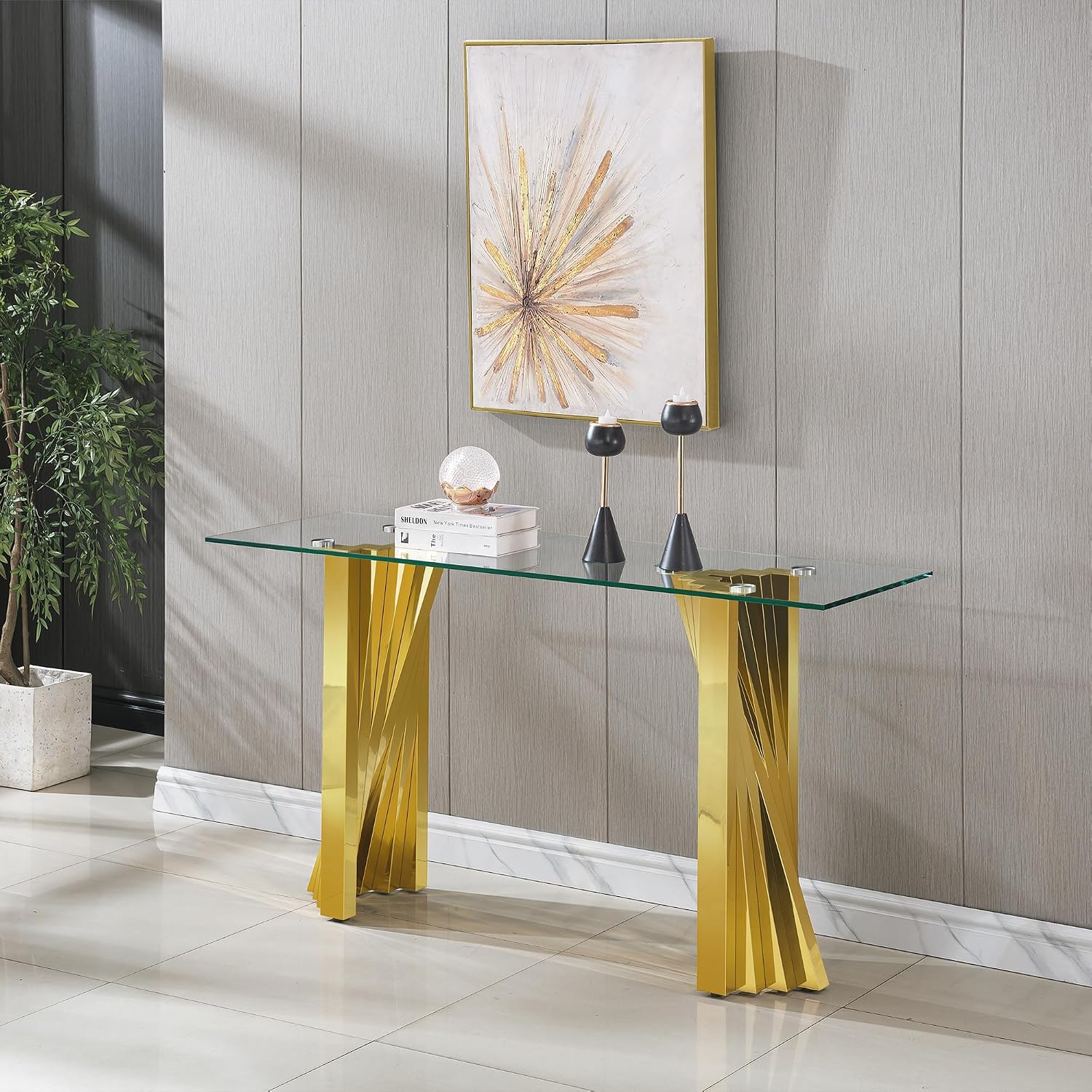 2 Pieces Modern Living Room Table Set, Glass Coffee Table & Console Table with Flash-Shaped Stainless Steel Base (Gold)