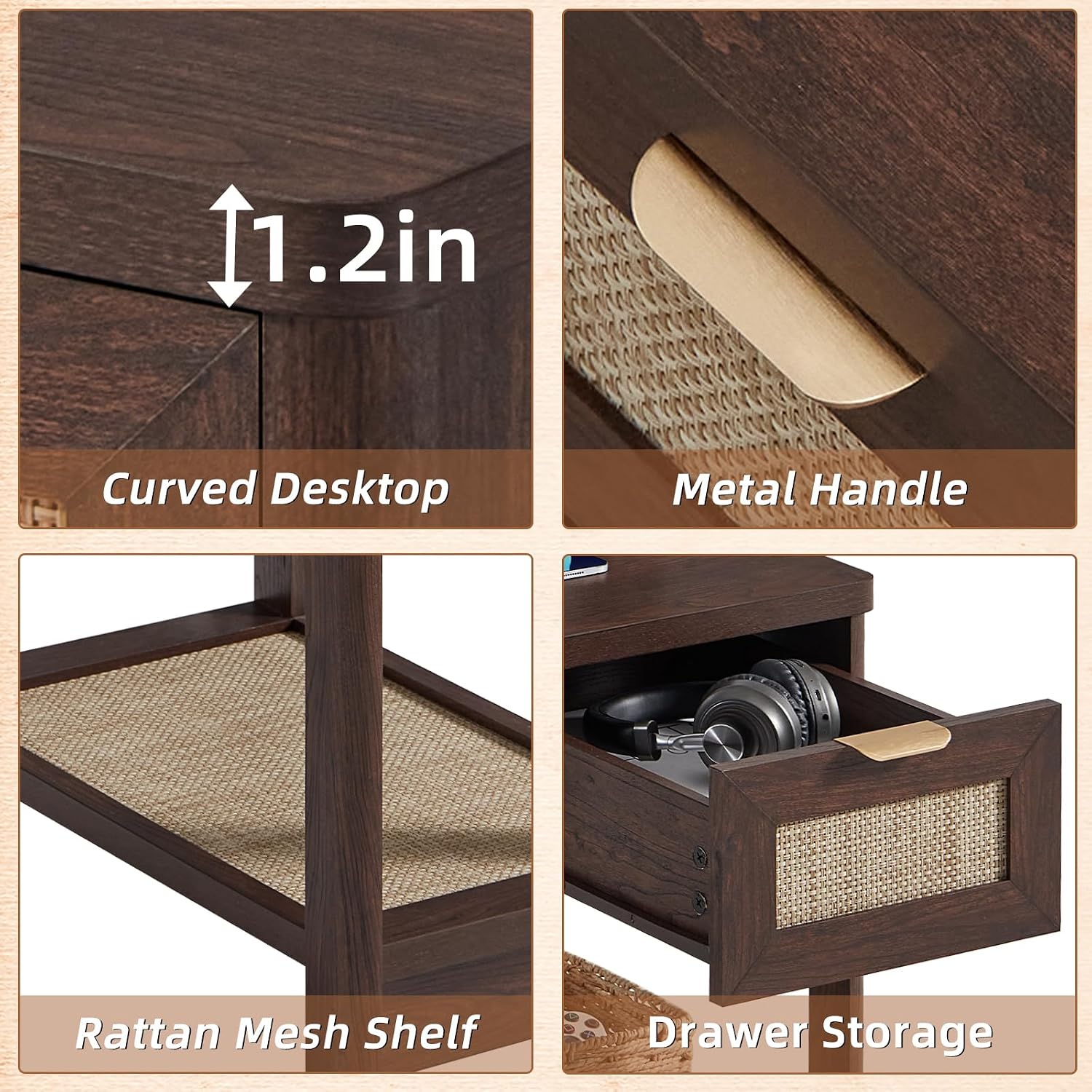 Lerliuo Boho Coffee Table Set of 3, Rattan Coffee and End Table Sets with Charging Station, Living Room Table Set with Open Shelf for Living Room, Walnut