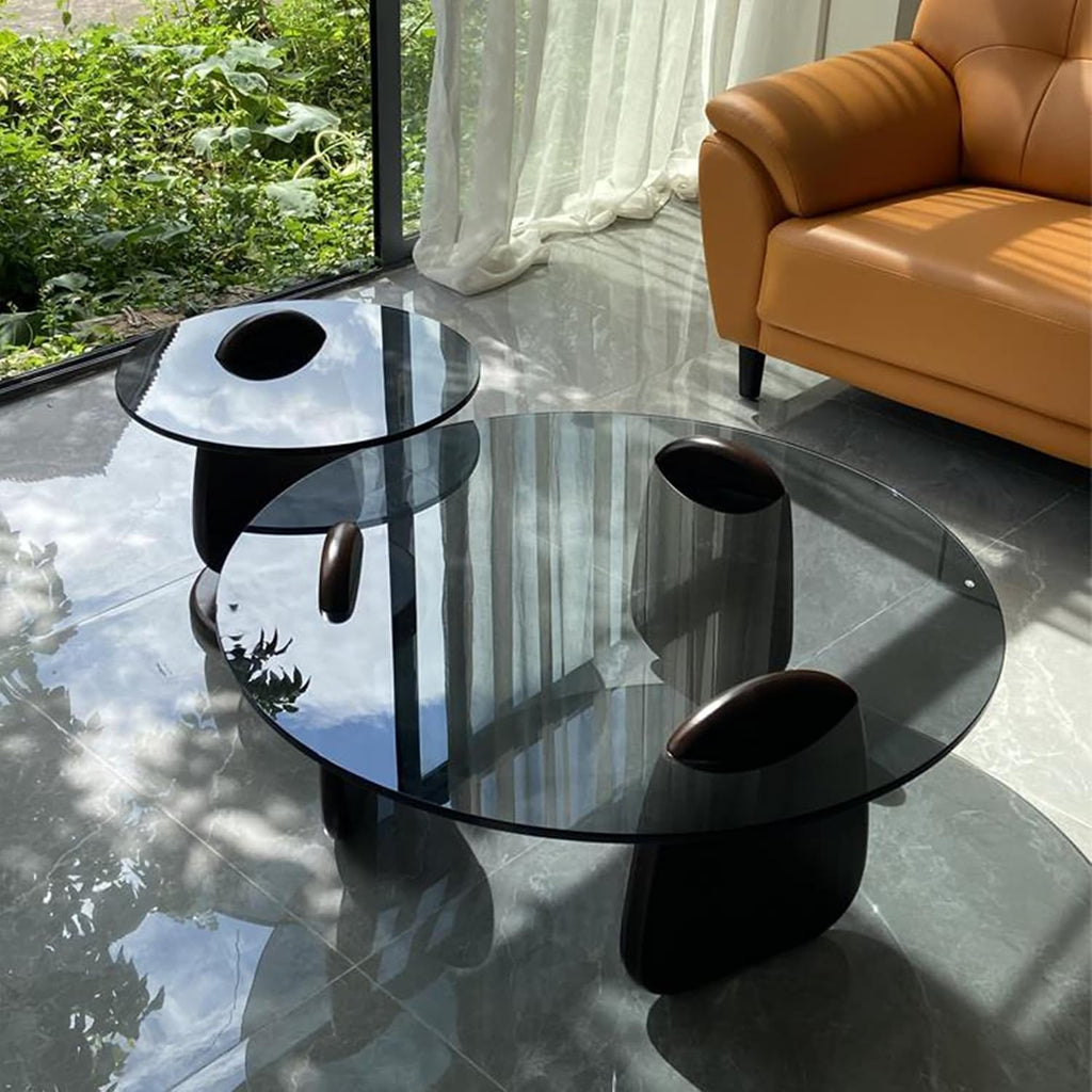 EASYSOUL Modern Round Coffee Table with Glass Top, 35.43' L x 35.43' W x 14.69' H, Circular Tea Tables for Living Room Home Office Industrial Cocktail Tables (Black-Grey Glass/35.43 ')