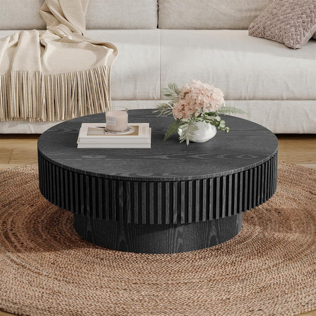 31.5'' Round Coffee Table for Living Room, Fluted Coffee Table with Hidden Storage, Solid Wood Veneered Circle Table, Modern Tea Table for Small Space Apartment (Black)