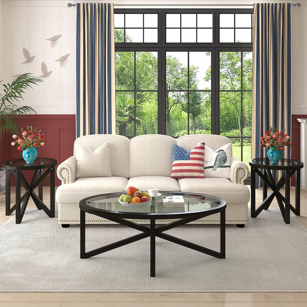 3-Piece Round Coffee Table Set, 1 Coffee Table & 2 End Tables with Tempered Glass Top and Solid Wood Base for Living Room Apartment Small Space (Black)