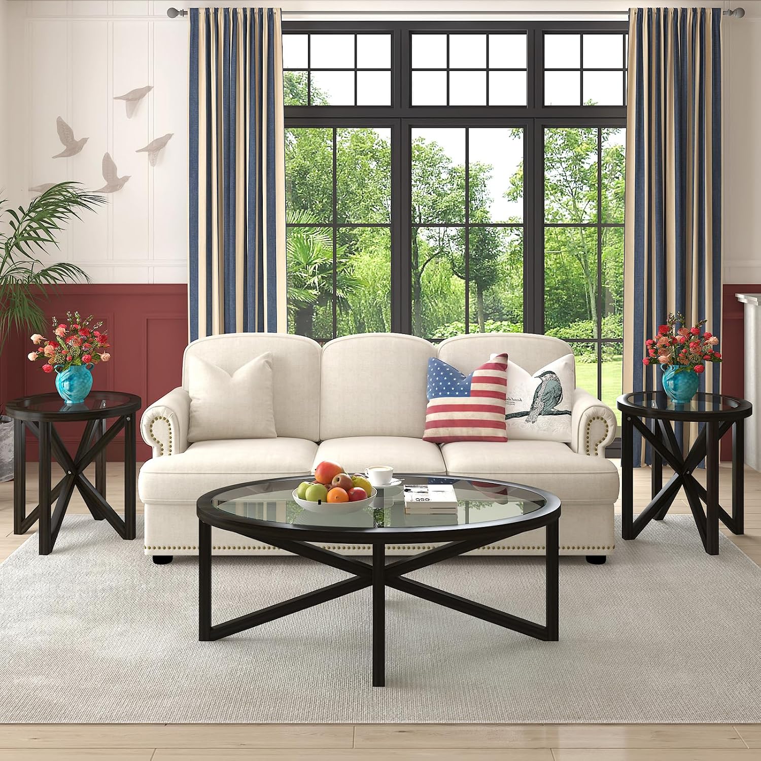 3-Piece Round Coffee Table Set, 1 Coffee Table & 2 End Tables with Tempered Glass Top and Solid Wood Base for Living Room Apartment Small Space (Black)