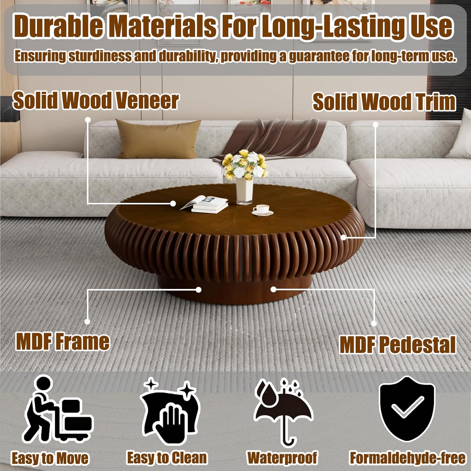 39.37' Round Drum Coffee Table, Modern Fluted Coffee Tables with Solid Wood Veneer, Wooden Circle Center Table for Living Room, Small Spaces, and Apartments, Easy Assembly