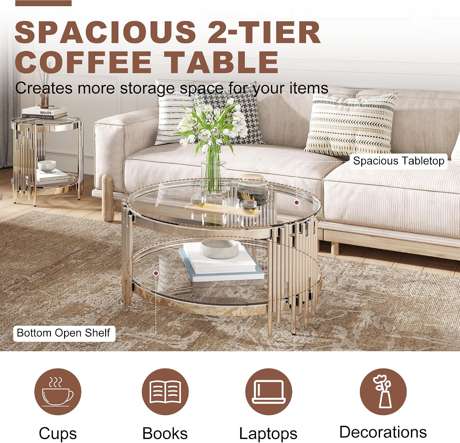 3 Piece Living Room Set, 1 Glass Coffee Table and 2 End Tables with 2 Tier Storage, Tempered Glass Top and Stainless Steel Frame, for Apartment, Living Room, Silver/Clear