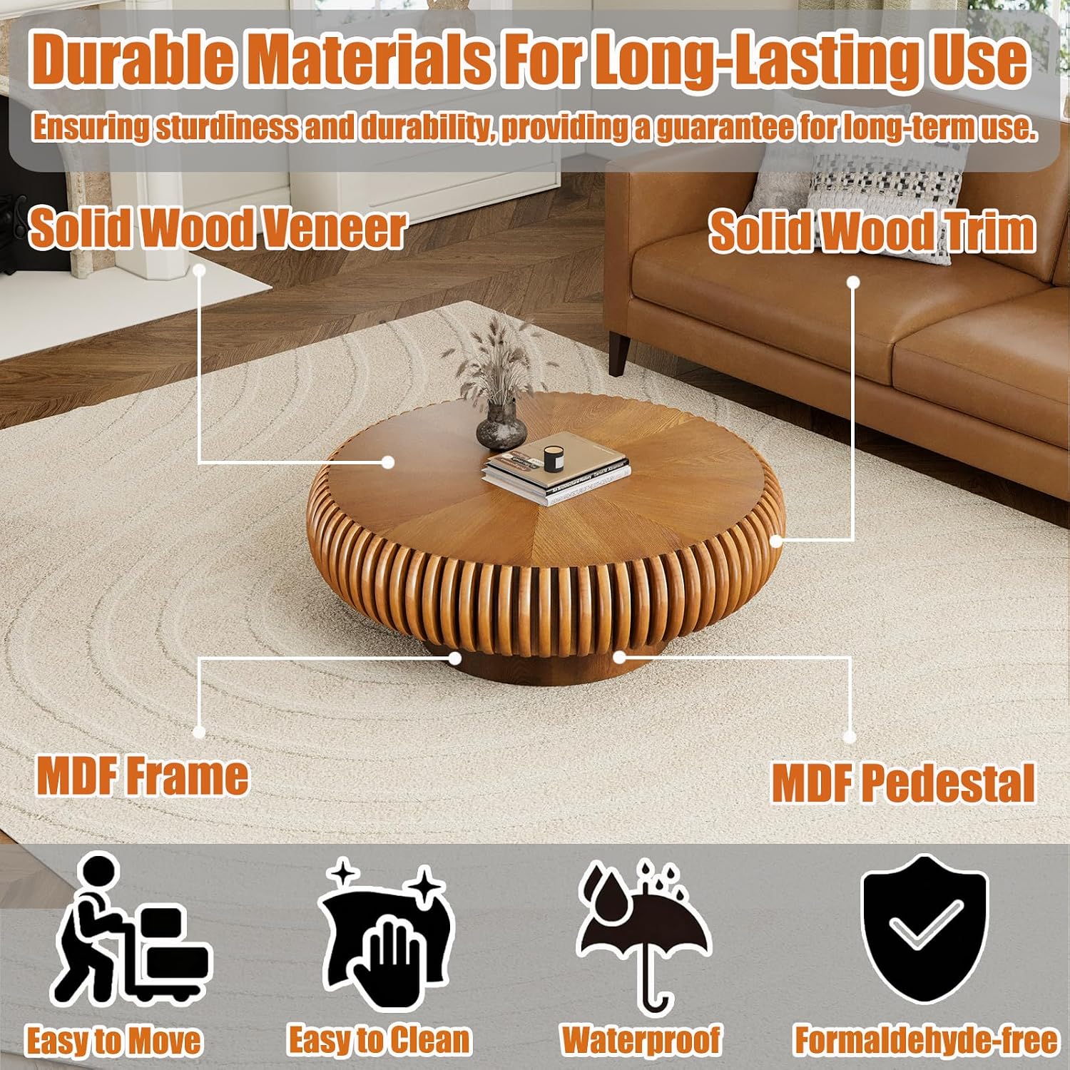 31.5' Round Drum Coffee Table, Modern Fluted Tea Table with Solid Wood Veneer, Wooden Circle Center Table for Living Room, Small Spaces, and Apartments, Easy Assembly