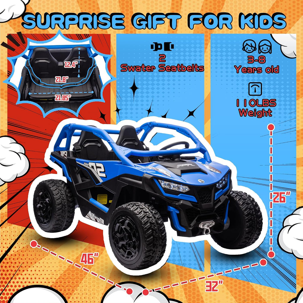 wanan XL 24V 10AH Ride on Toys for Big Kids Real 2-Seater, 4x4 4WD Motor Ride on Car Kid UTV for Kids 3-8, Remote Control, Bluetooth Music, 4 Spring Suspension, 22' Spacious Seats (Blue)