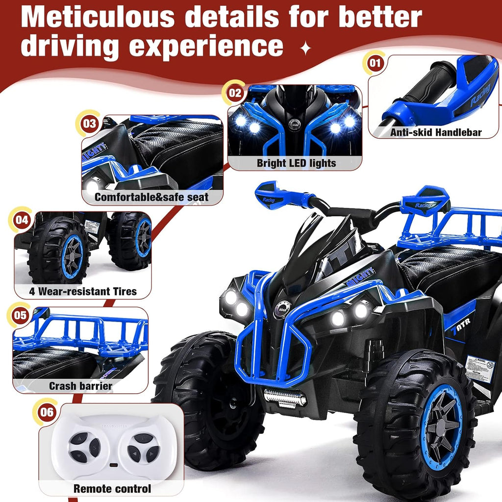 Soar Remote Control Four Wheeler for - Electirc Toddler 4 Wheeler for 3-6, Ride on ATV 12v Battery Powered, Kids Quad with LED Lights, Music, High Low Speed, USB/TF, Treaded Tires, Blue