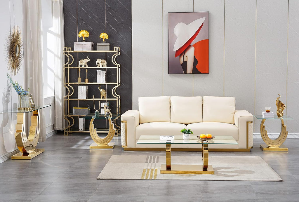 4 Pieces Living Room Table Set, Glass Coffee Table Set of 4, Modern Coffee Table, Console Table and 2 End Tables with Three U-Shaped Stainless Steel Base for Living Room (Gold)