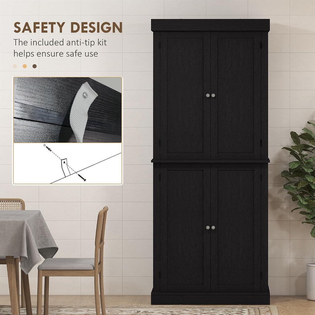 HOMCOM 72.5' Tall Kitchen Pantry Cabinet, Freestanding Modern Farmhouse Kitchen Storage Cabinet with 4 Doors and 2 Adjustable Shelves for Dining Room, Black Wood Grain