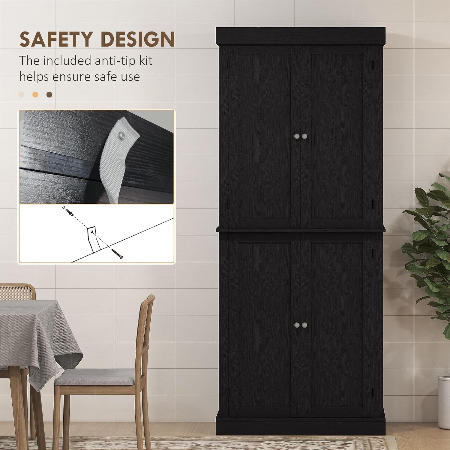 HOMCOM 72.5' Tall Kitchen Pantry Cabinet, Freestanding Modern Farmhouse Kitchen Storage Cabinet with 4 Doors and 2 Adjustable Shelves for Dining Room, Black Wood Grain
