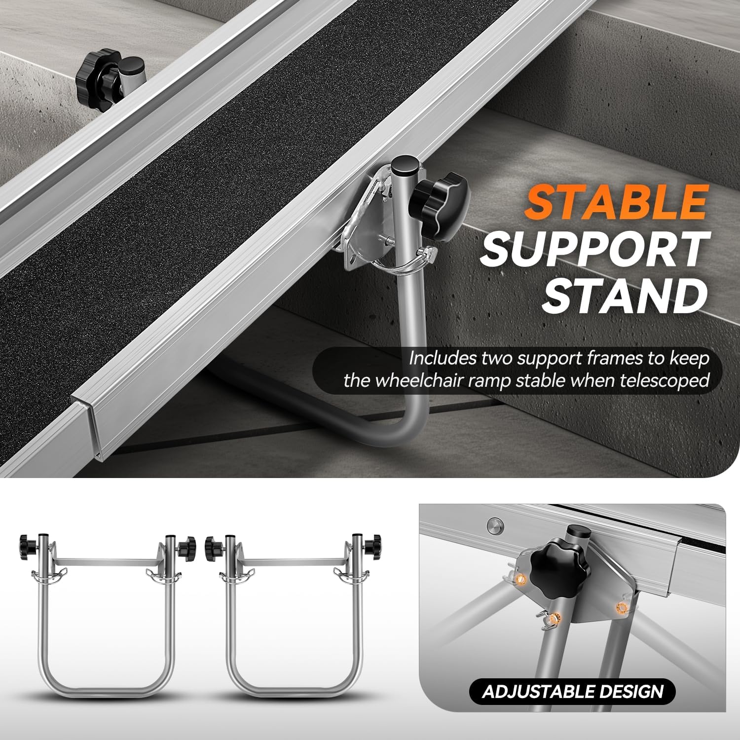 Auto Dynasty 8FT Adjustable Wheelchair Ramp with Support Stand, Portable Telescoping Folding Aluminum Wheel Chair Threshold Ramps for Home Steps Doorways, 96' L x 7.4' W, 1200Lbs Capacity (2 Pack)