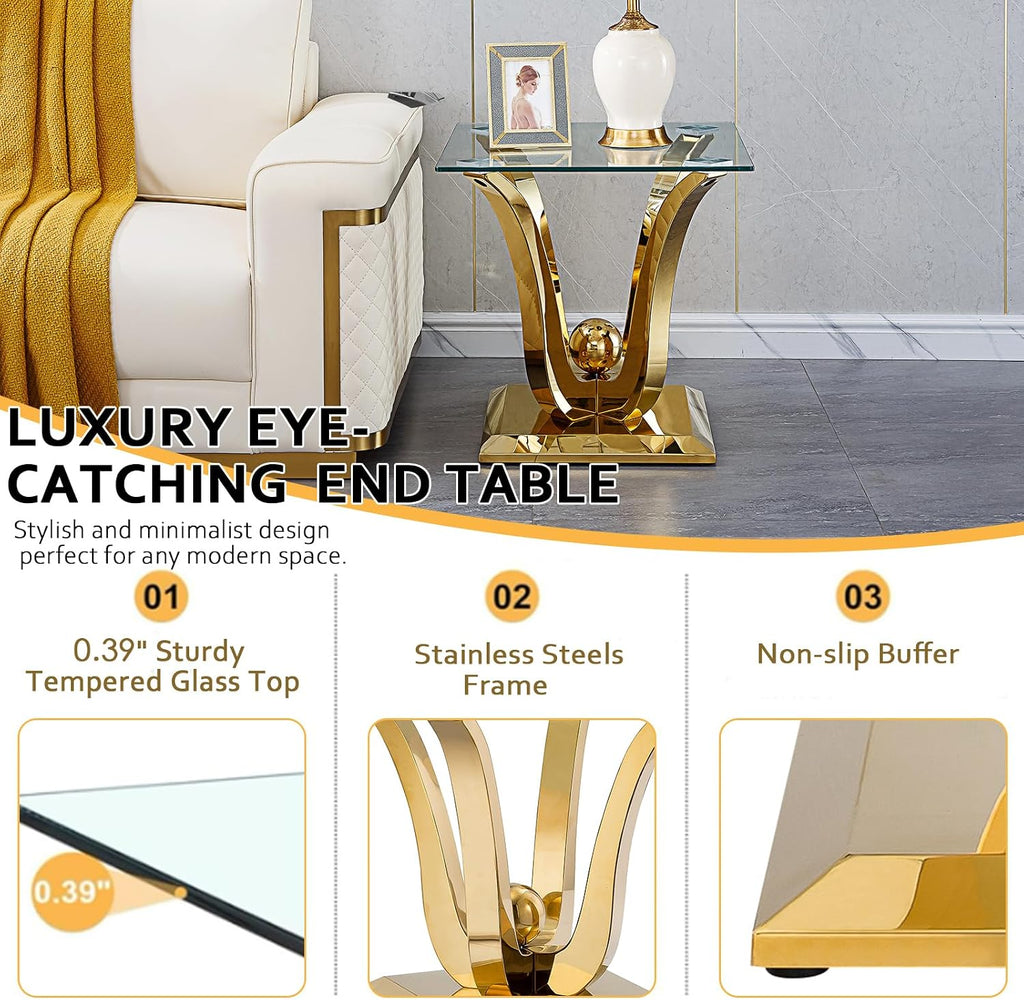 Modern Glass End Table Small Side Table with Gold Gorgeous Stainless Steel Base Square Glass Nightstand End Table Small Bedside Table Couch Sofa Table for Living Room Bedroom