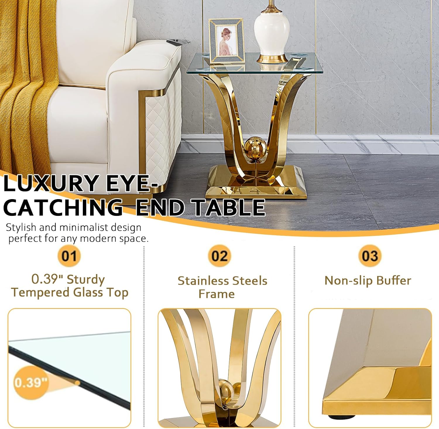 Modern Glass End Table Small Side Table with Gold Gorgeous Stainless Steel Base Square Glass Nightstand End Table Small Bedside Table Couch Sofa Table for Living Room Bedroom