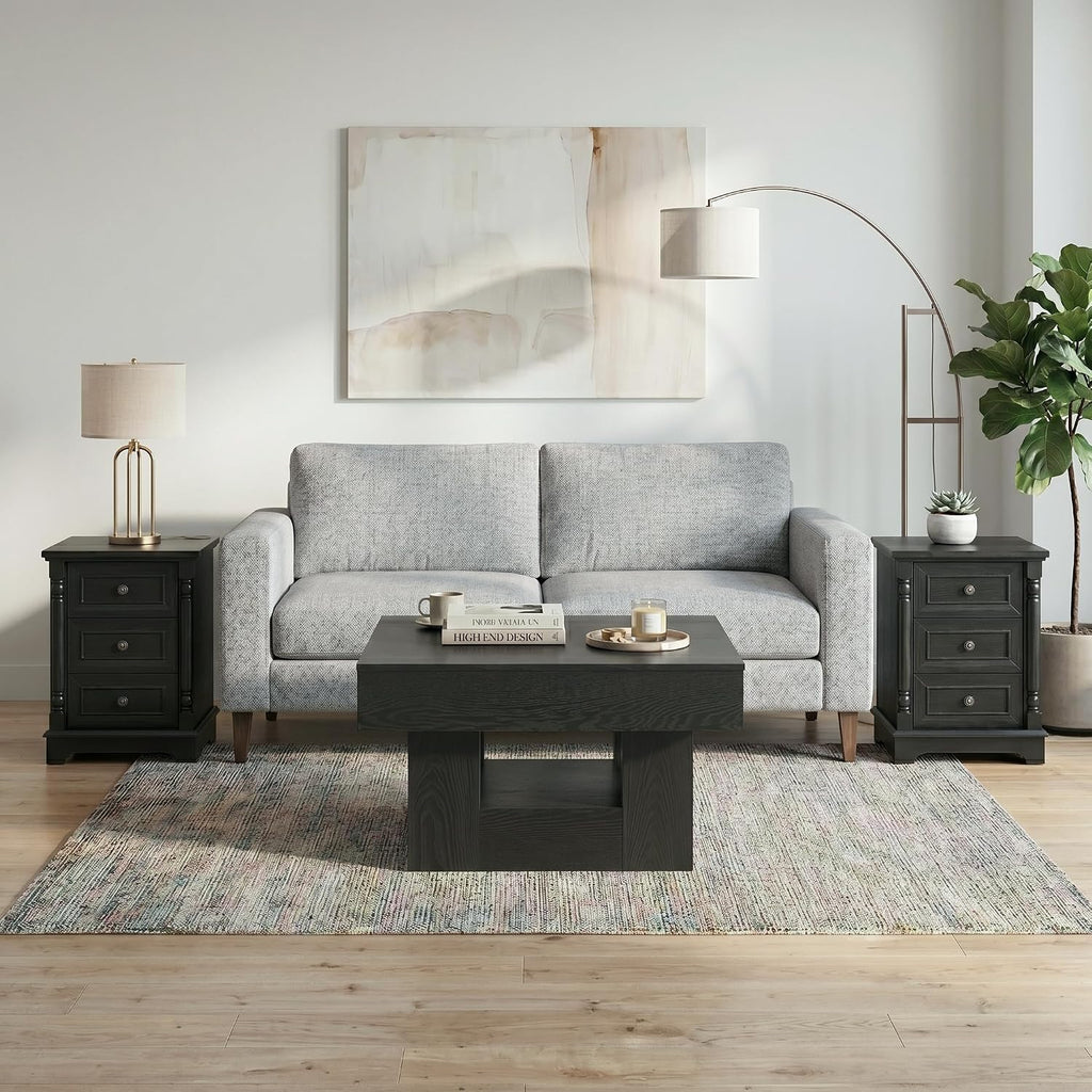 OKYCI Modern Coffee Table and End Table Set of 3 for Living Room, Includes 31.5' Coffee Table & 2 Side Table with 3 Drawers & Charging Station, Black