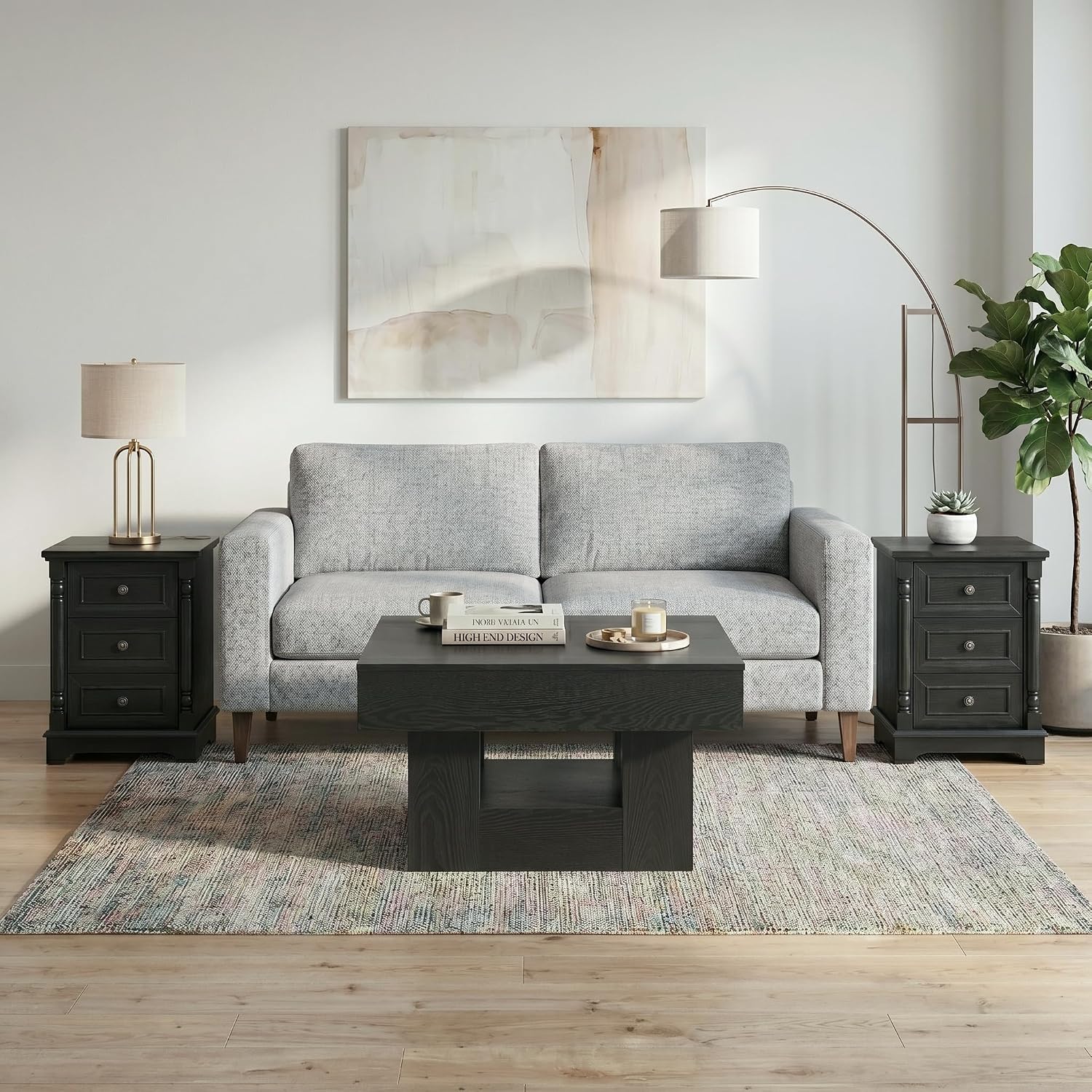 OKYCI Modern Coffee Table and End Table Set of 3 for Living Room, Includes 31.5' Coffee Table & 2 Side Table with 3 Drawers & Charging Station, Black