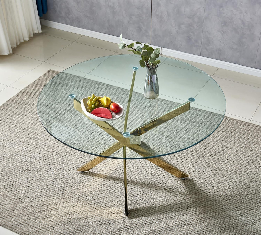 36' Small Dining Table Set of 4, Tempered Glass Round Dining Table and 4 Beige Velvet Dining Chairs, Luxury 5 Piece Circle Kitchen Dining Room Tables Set with Gold Chrome Metal X-Legs
