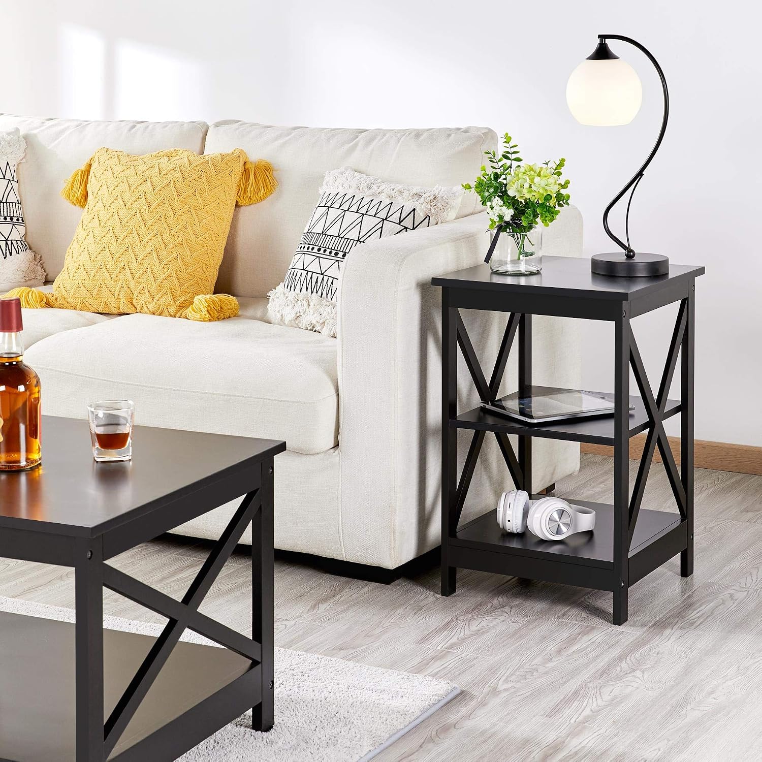 Yaheetech 41in Coffee Table and 2PCS Side Tables Set, Lift Top with Compartment and 3 Tier End Table with Storage Shelf, Living Room Coffee Table with Sofa, Black