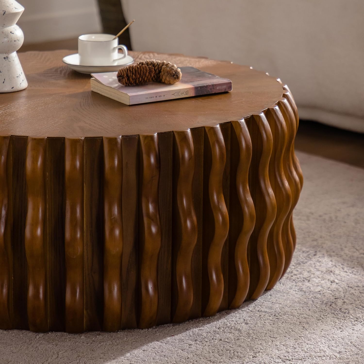 31.5'' Round Drum Coffee Table, Modern Mid-Century Circle Fluted Wood Coffee Table for Living Room, Sturdy Pedestal & No Assembly, Walnut