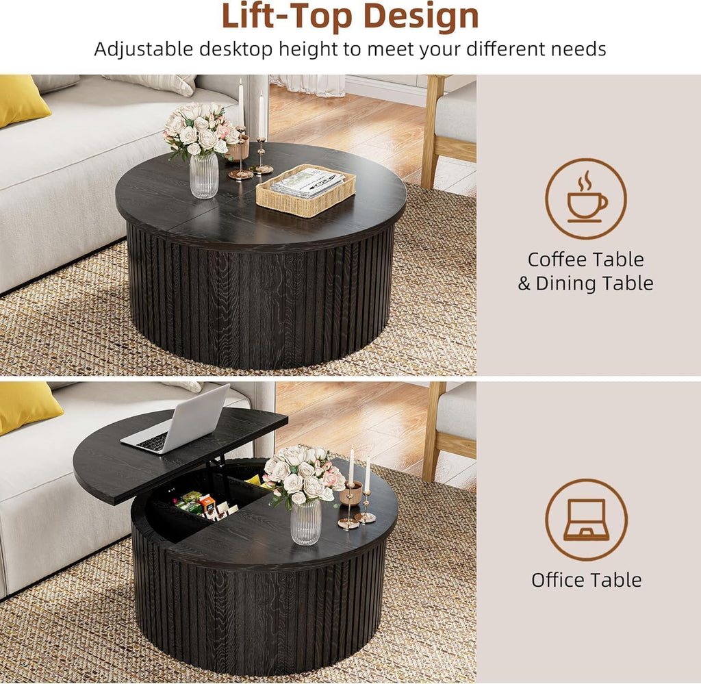 Fsbecl Round Lift Top Coffee Table with Storage, 31.6'' Modern Coffee Tables for Living Room, Fluted Wood Center Table for Office, Small Space (Black)