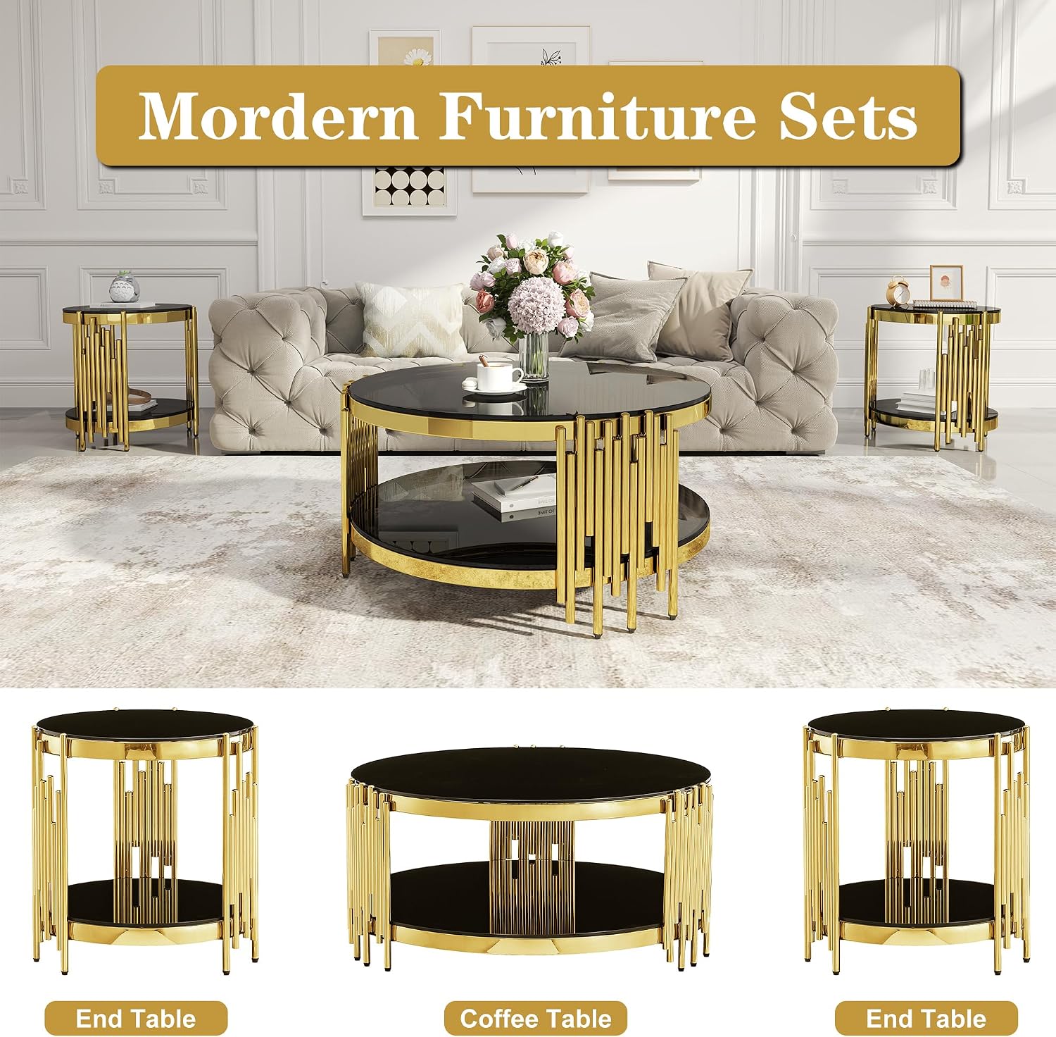 Round Glass Coffee Table Modern Living Room Table, 35.43' Gold Stainless Steel Leg Black Tempered Glass, Circle Sofa Center Table Furniture for Home Apartment Office, Gold