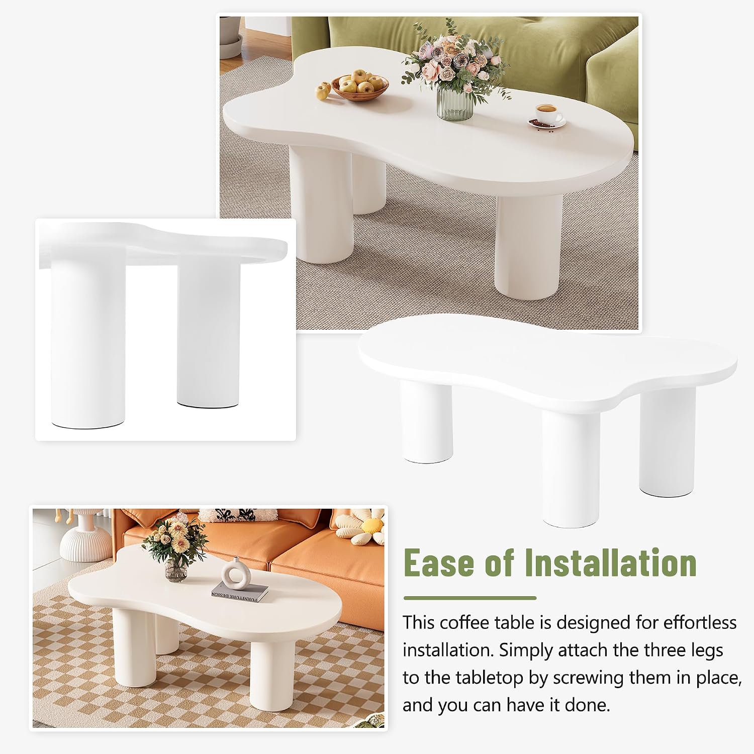 Merax 44' W Irregular Cloud Style White Coffee Table with 1.5' Thickness Tabletop, Wooden End Table Center Table with Round Edge and 3 Sturdy Legs for Living Room or Bedroom