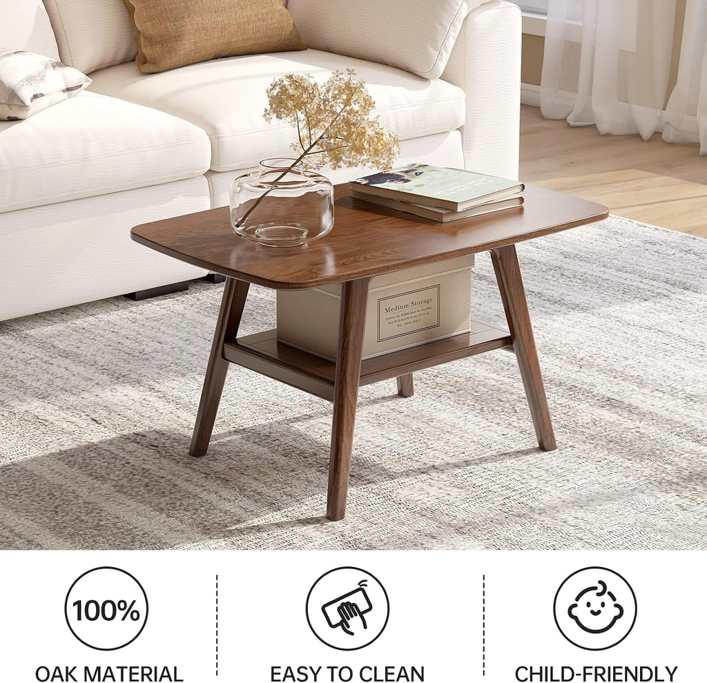 100% Solid Wood Coffee Table for Living Room, 31.5' Small Tables with Shelf Storage, Mid Century Modern Storage Coffee Table with Rounded Corners (Oak Wood Walnut Color)