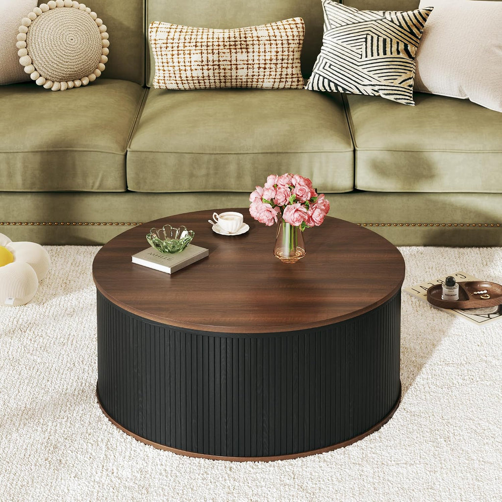 HUAHUU Round Coffee Table with Storage, 31.5' Lift Top Coffee Table, Mid Century Modern Coffee Tables for Living Room, Apartment Office, Fluted Table with Rustic Wood Desktop