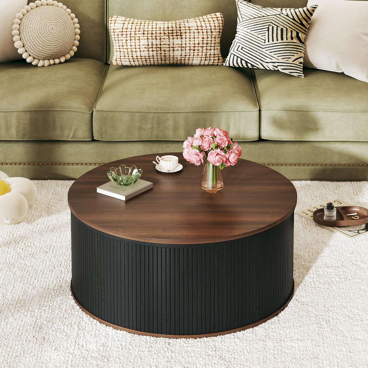 HUAHUU Round Coffee Table with Storage, 31.5' Lift Top Coffee Table, Mid Century Modern Coffee Tables for Living Room, Apartment Office, Fluted Table with Rustic Wood Desktop