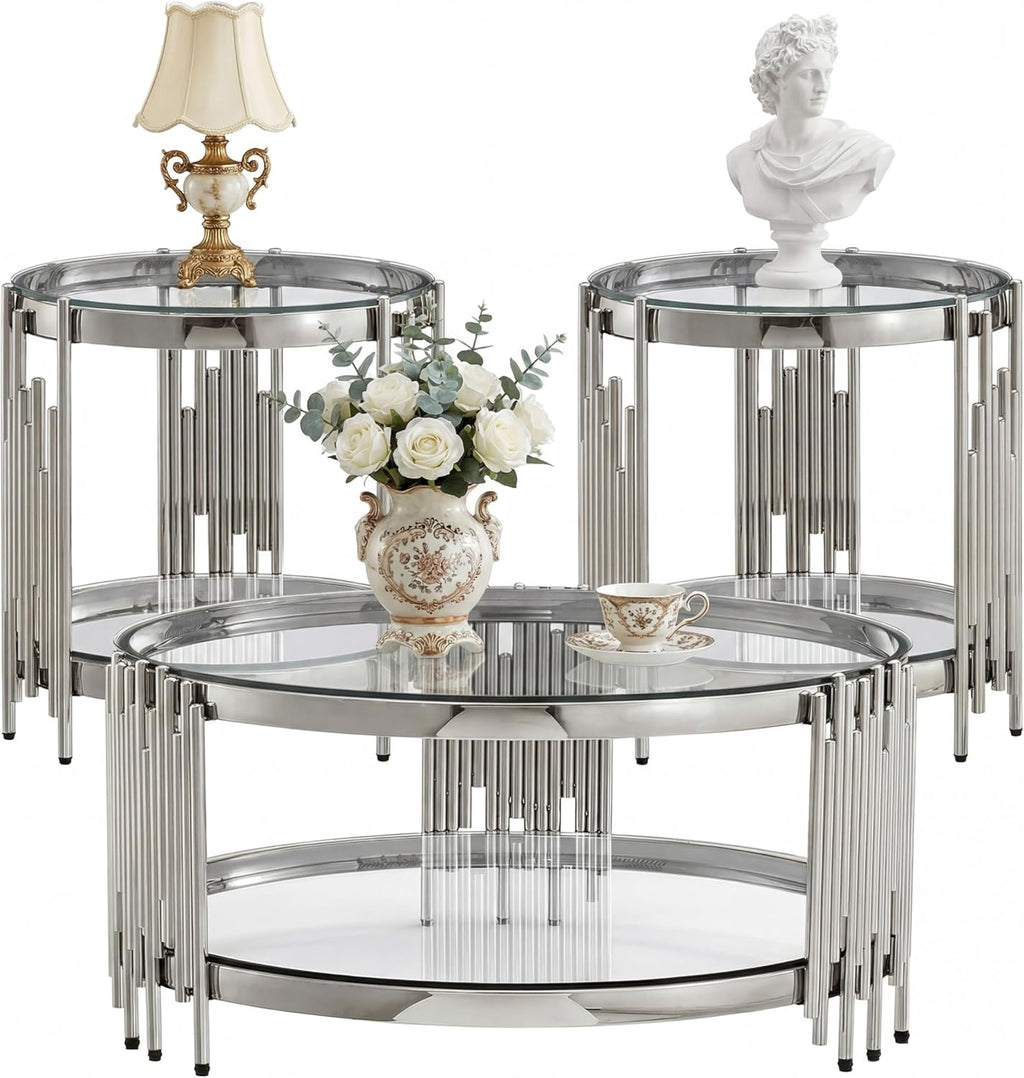 Round Glass Coffee Table Set of 3, Silver and Clear Modern Living Room Table Set, Includes 1 Coffee Table & 2 End Tables, Stainless Steel Base Tempered Glass Top, Luxury Furniture for Home Office