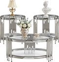 Round Glass Coffee Table Set of 3, Silver and Clear Modern Living Room Table Set, Includes 1 Coffee Table & 2 End Tables, Stainless Steel Base Tempered Glass Top, Luxury Furniture for Home Office