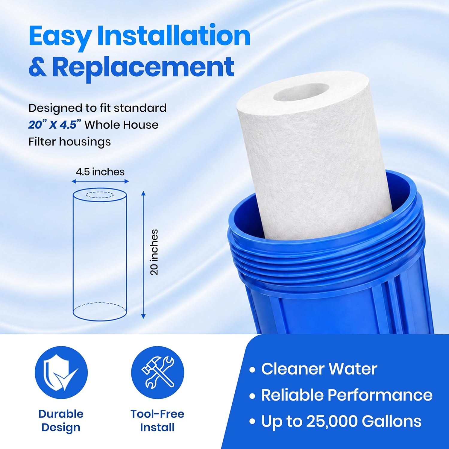 10 Micron Sediment water Filter - Whole House Water Filter Cartridge - 4.5 x 20-inch Replacement - Compatible with All Whole House Water Filter System - (20 X 4.5, 10 Count)